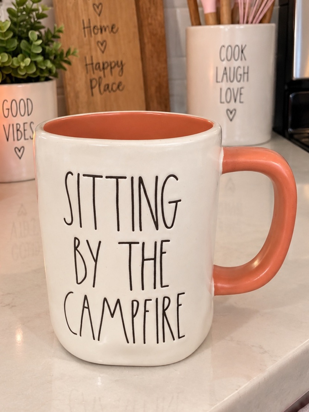 Rae Dunn Sitting by the Campfire Ceramic Mug - Pink Accent NWOT